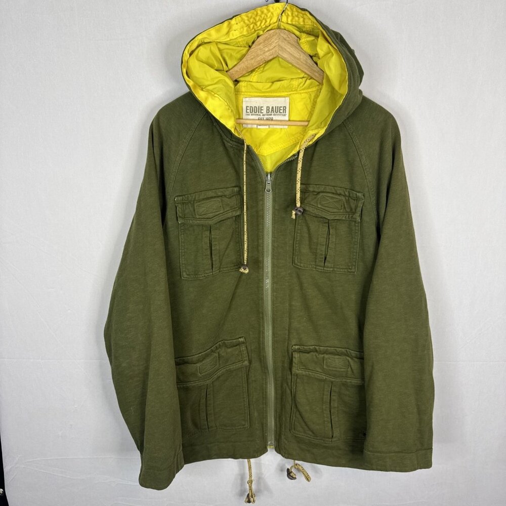 Eddie Bauer Reversible Utility Hoodie Jacket Green Yellow Men’s Medium Zip Up